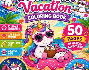 50 Unicorn Vacation Coloring Pages. Unicorn Vacation Coloring Pages, Printable Kids Activity Book