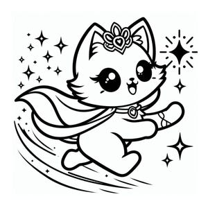 May include: A black and white illustration of a cartoon cat wearing a cape and crown, with stars and speed lines. The cat has large eyes and is smiling, giving a sense of movement and energy.