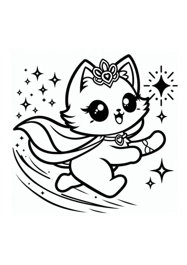 May include: A black and white illustration of a cartoon cat wearing a cape and crown, with stars and speed lines. The cat has large eyes and is smiling, giving a sense of movement and energy.