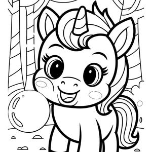 May include: A black and white line drawing of a cute unicorn blowing a bubble. The unicorn has a large horn and a big smile. The unicorn is standing in a forest setting.