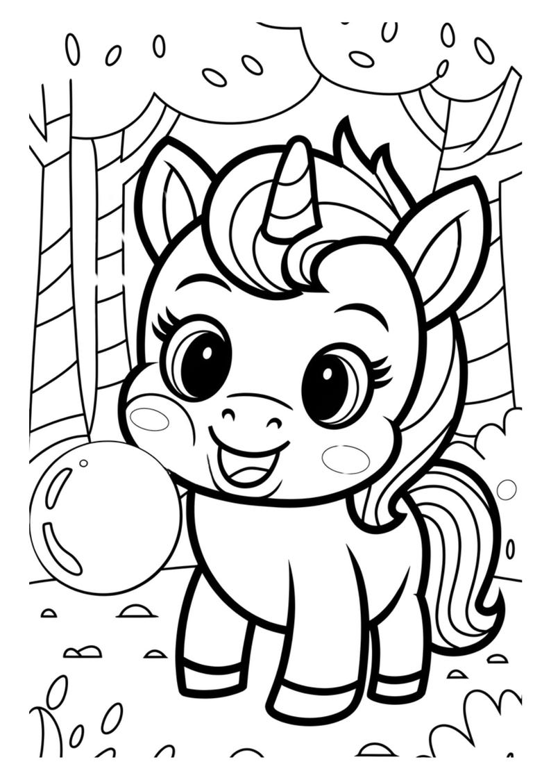 May include: A black and white line drawing of a cute unicorn blowing a bubble. The unicorn has a large horn and a big smile. The unicorn is standing in a forest setting.