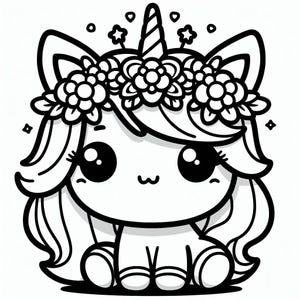 May include: A black and white line drawing of a cute cartoon unicorn with a flower crown and big eyes. The unicorn is sitting down with its legs crossed.