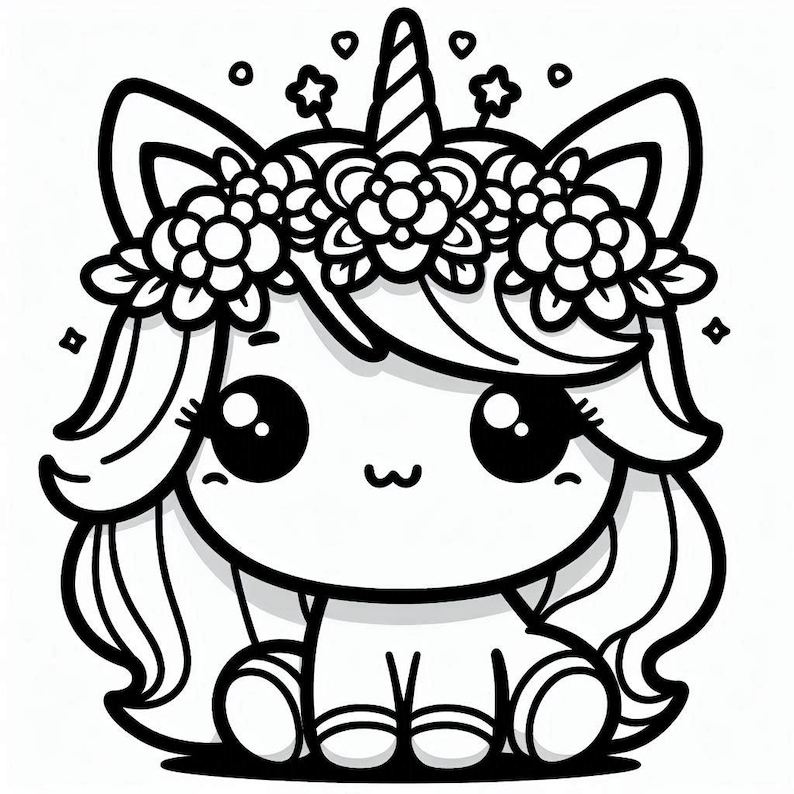 May include: A black and white line drawing of a cute cartoon unicorn with a flower crown and big eyes. The unicorn is sitting down with its legs crossed.