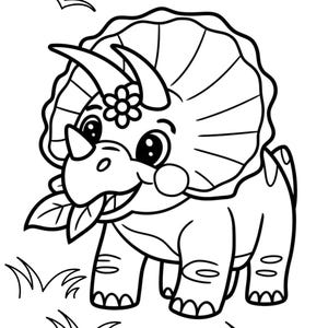 May include: A black and white illustration of a cartoon triceratops dinosaur with a flower on its head and a leaf in its mouth. The dinosaur is standing in grass, and birds are flying in the sky.