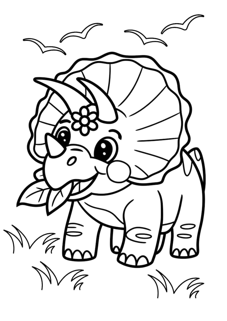 May include: A black and white illustration of a cartoon triceratops dinosaur with a flower on its head and a leaf in its mouth. The dinosaur is standing in grass, and birds are flying in the sky.