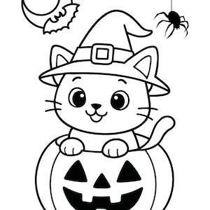 Pu&ograve; includere: Illustrazione in bianco e nero di Halloween di un gatto con un cappello da strega, seduto dentro una zucca intagliata. Sono inclusi anche un pipistrello e un ragno. Il gatto ha grandi occhi e un viso sorridente.