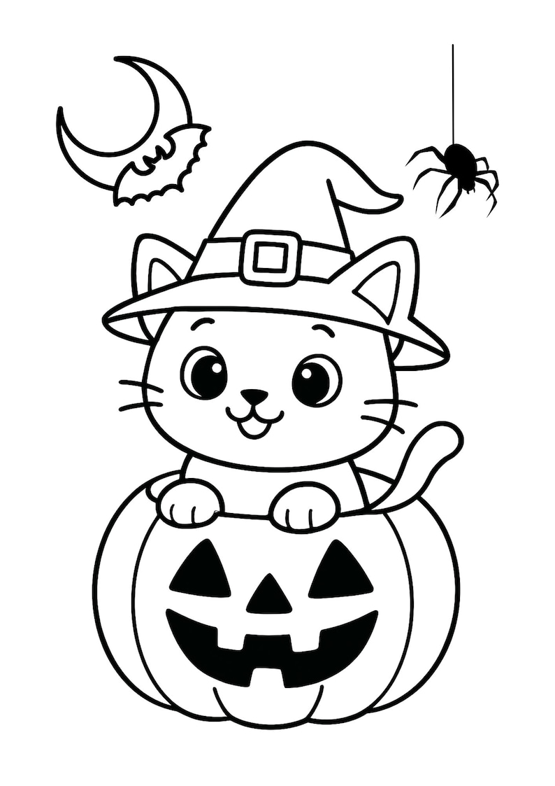Pu&ograve; includere: Illustrazione in bianco e nero di Halloween di un gatto con un cappello da strega, seduto dentro una zucca intagliata. Sono inclusi anche un pipistrello e un ragno. Il gatto ha grandi occhi e un viso sorridente.