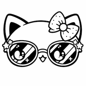 May include: Black and white illustration of a cat face wearing sunglasses and a bow. The cat has large eyes and star accents on the sunglasses. The bow is dotted. The image is a cartoon style.