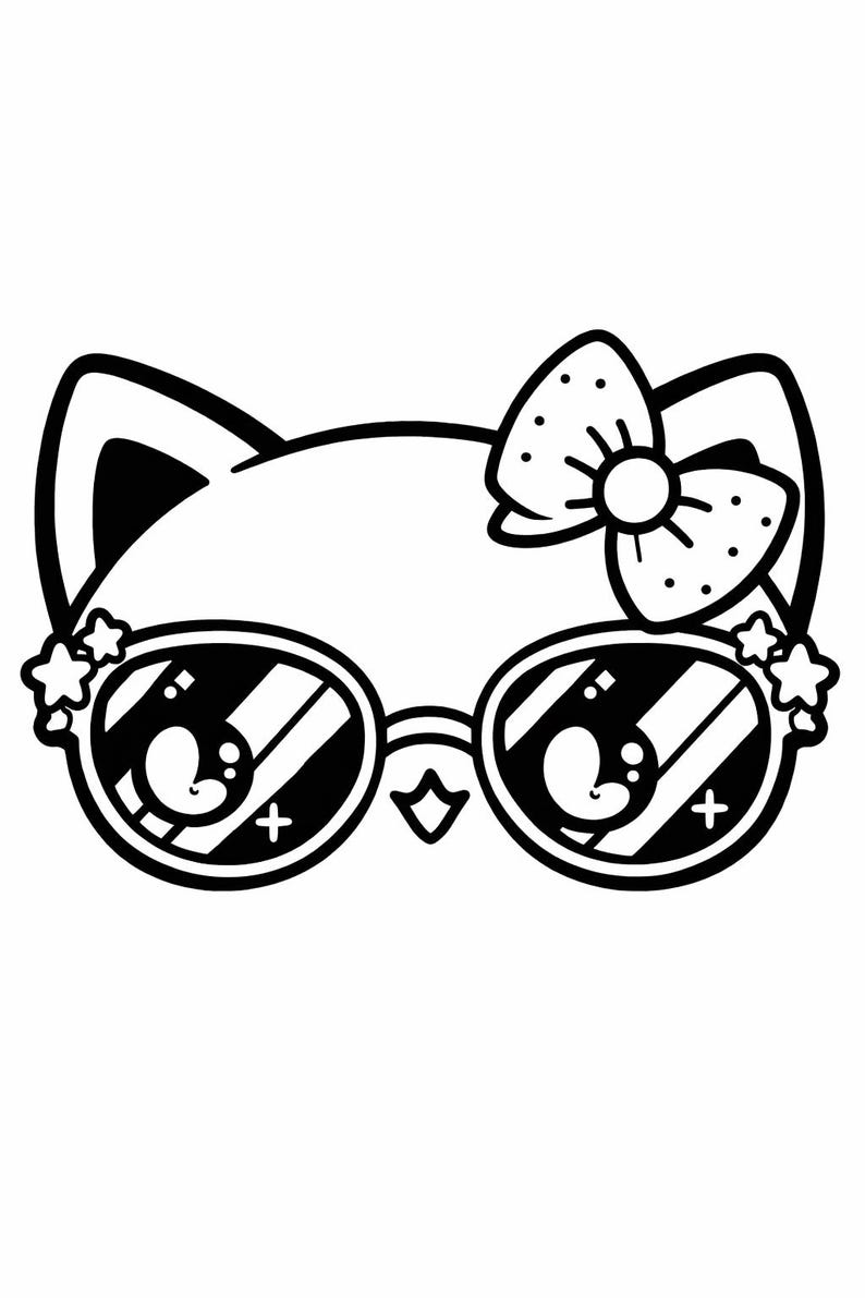 May include: Black and white illustration of a cat face wearing sunglasses and a bow. The cat has large eyes and star accents on the sunglasses. The bow is dotted. The image is a cartoon style.
