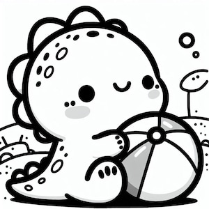 May include: A black and white line drawing of a cartoon dinosaur holding a beach ball. The dinosaur has a smiling face and closed eyes. The dinosaur is sitting on the sand.