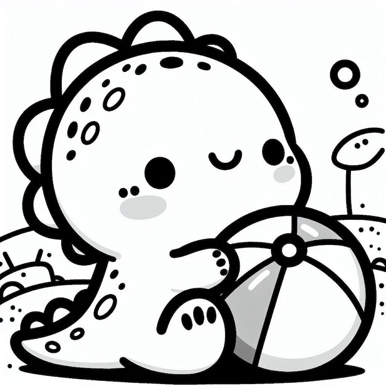 May include: A black and white line drawing of a cartoon dinosaur holding a beach ball. The dinosaur has a smiling face and closed eyes. The dinosaur is sitting on the sand.