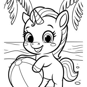 May include: A black and white line drawing of a unicorn holding a beach ball. The unicorn is standing on a beach with palm trees in the background.