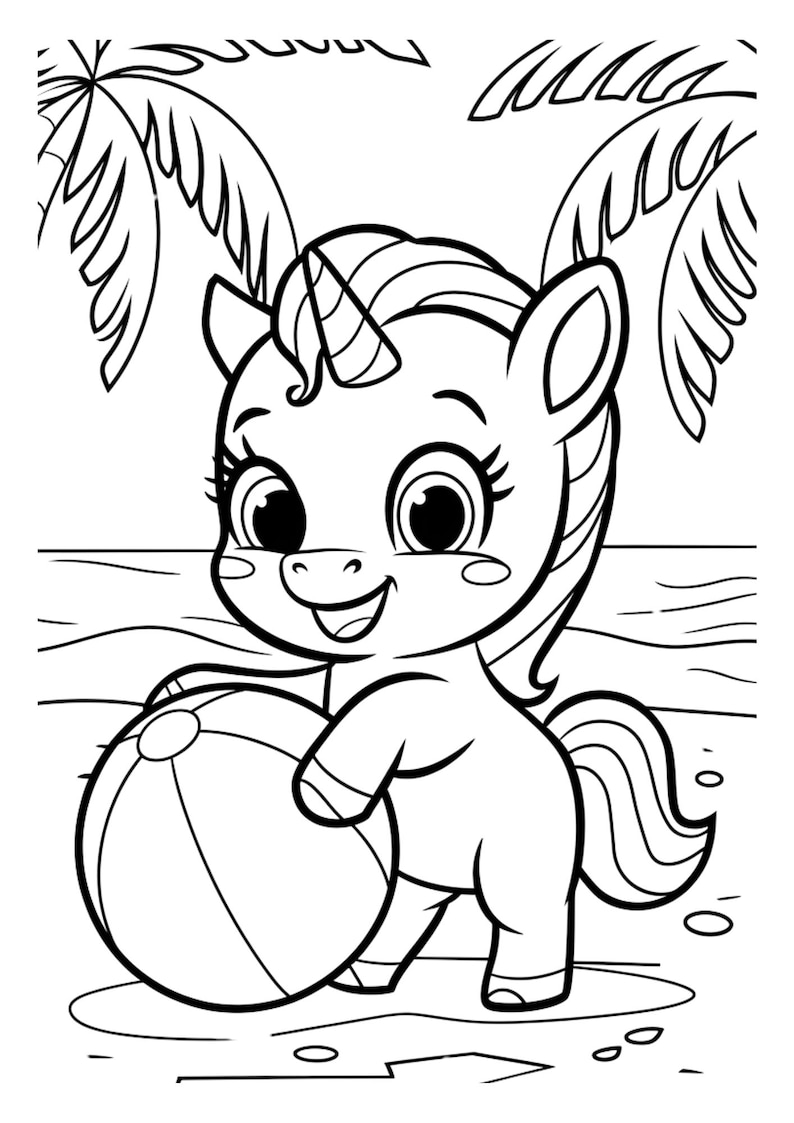 May include: A black and white line drawing of a unicorn holding a beach ball. The unicorn is standing on a beach with palm trees in the background.