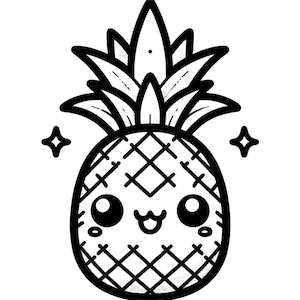 May include: Black and white cartoon illustration of a smiling pineapple with large eyes and a cross-hatched pattern. Two starbursts are on either side of the pineapple. The pineapple has a crown of spiky leaves.