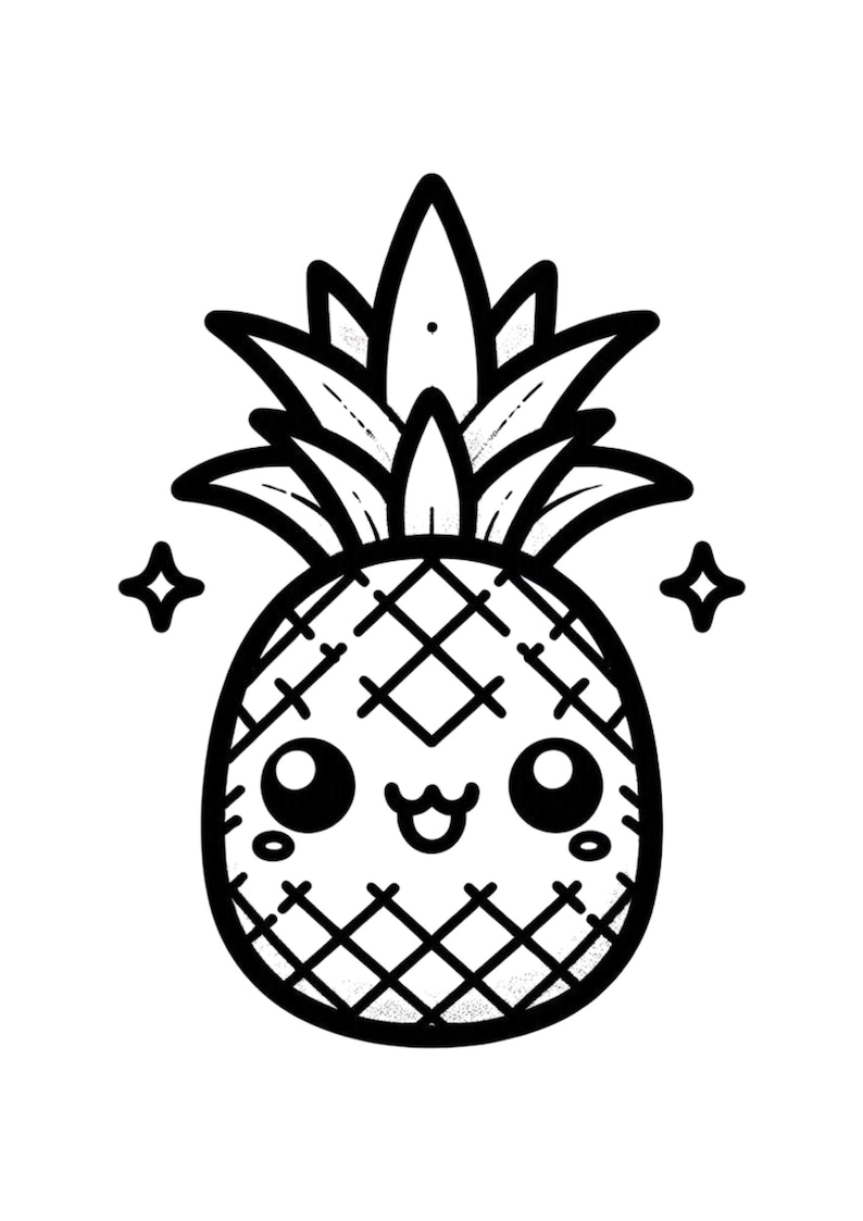 May include: Black and white cartoon illustration of a smiling pineapple with large eyes and a cross-hatched pattern. Two starbursts are on either side of the pineapple. The pineapple has a crown of spiky leaves.