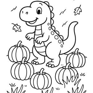May include: Black and white line art illustration of a friendly dinosaur standing among pumpkins and autumn leaves. The dinosaur has a smiling face and a row of spikes down its back. The pumpkins are round and have vertical lines.