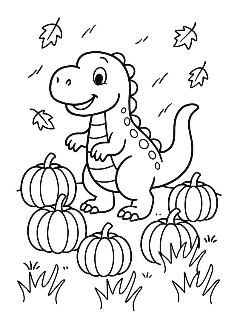 May include: Black and white line art illustration of a friendly dinosaur standing among pumpkins and autumn leaves. The dinosaur has a smiling face and a row of spikes down its back. The pumpkins are round and have vertical lines.
