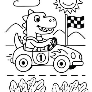 May include: Black and white cartoon illustration of a dinosaur driving a race car. The dinosaur is smiling and wearing a racing suit. The car has the number 1 on it. A checkered flag waves in the background.