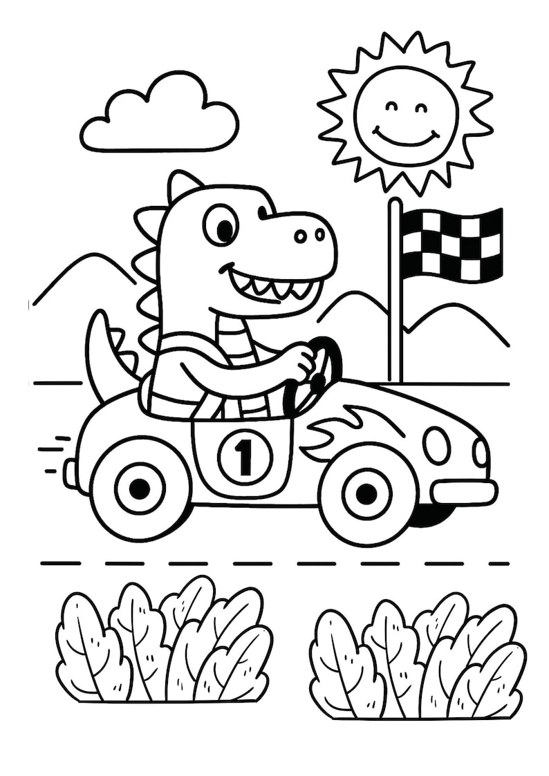 May include: Black and white cartoon illustration of a dinosaur driving a race car. The dinosaur is smiling and wearing a racing suit. The car has the number 1 on it. A checkered flag waves in the background.