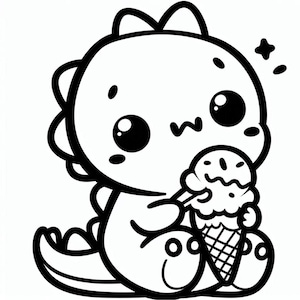 May include: A black and white line drawing of a cute cartoon dinosaur with big eyes, holding an ice cream cone. The dinosaur is sitting down and has a happy expression on its face.