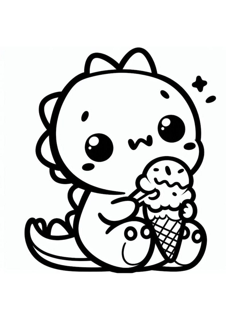 May include: A black and white line drawing of a cute cartoon dinosaur with big eyes, holding an ice cream cone. The dinosaur is sitting down and has a happy expression on its face.