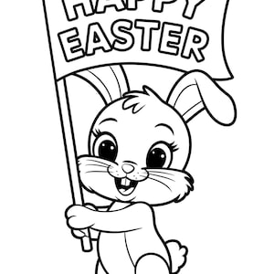 Può includere: Un disegno in bianco e nero di un coniglio che tiene un cartello con su scritto "Buona Pasqua".