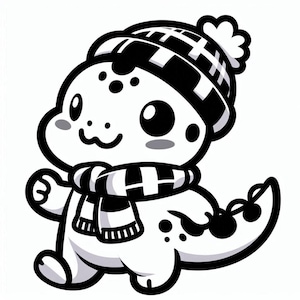 May include: A black and white cartoon illustration of a small, cute dinosaur wearing a black and white striped scarf and a black and white checkered hat with a white pom-pom.