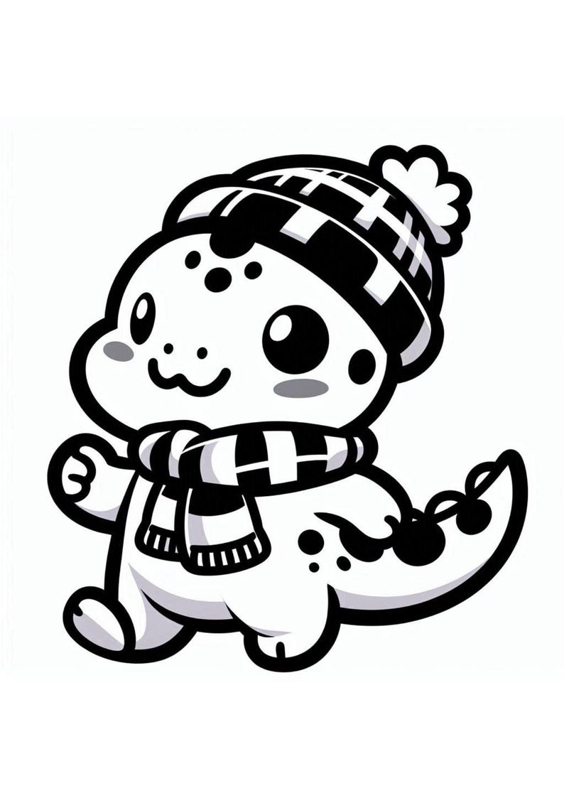 May include: A black and white cartoon illustration of a small, cute dinosaur wearing a black and white striped scarf and a black and white checkered hat with a white pom-pom.