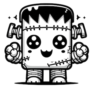 May include: A black and white cartoon illustration of a Frankenstein monster with big eyes and a stitched-up body. The monster is smiling and has its arms outstretched.