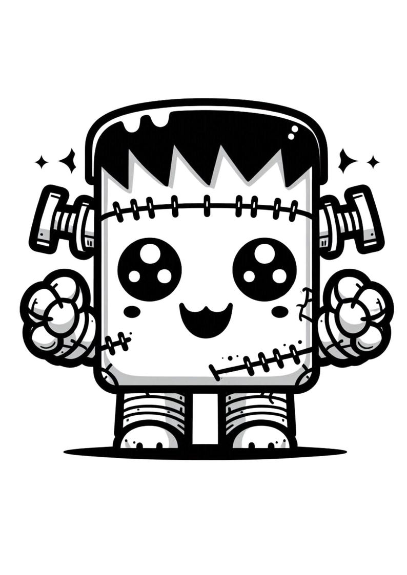 May include: A black and white cartoon illustration of a Frankenstein monster with big eyes and a stitched-up body. The monster is smiling and has its arms outstretched.