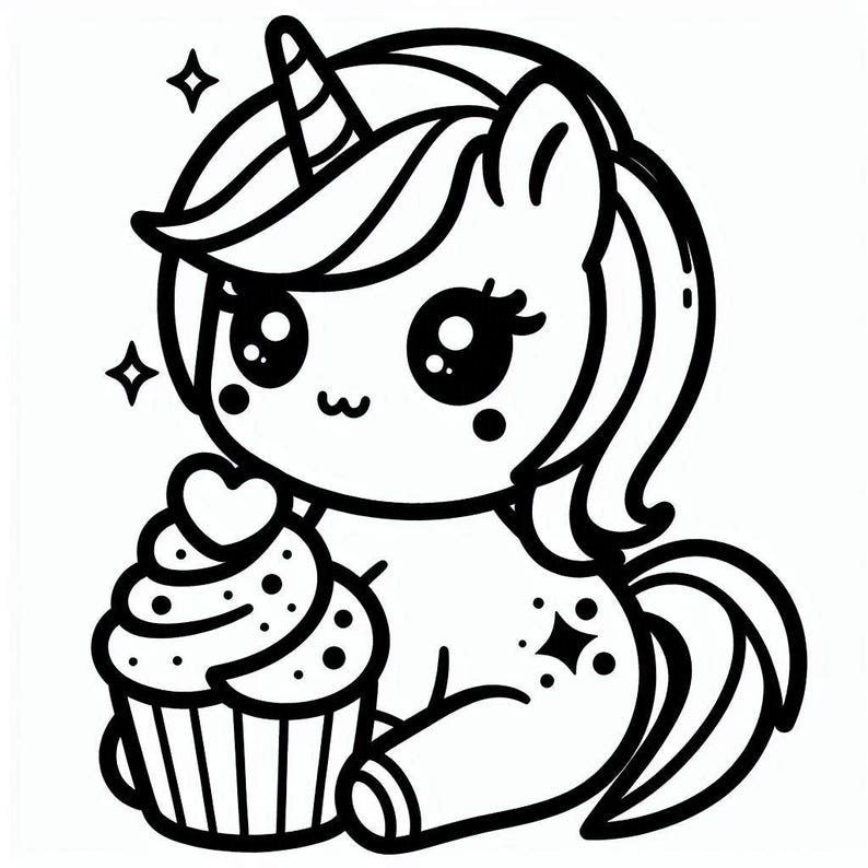 May include: A black and white line drawing of a cute unicorn holding a cupcake with a heart on top. The unicorn has a horn, big eyes, and a long mane and tail.