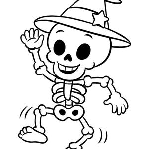 Pu&ograve; includere: Illustrazione in bianco e nero di un cartone animato di uno scheletro con un cappello da strega con una stella. Lo scheletro balla e saluta, con un grande sorriso. L'immagine ha un tema di Halloween o del Giorno dei Morti.