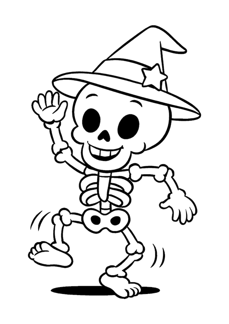 Pu&ograve; includere: Illustrazione in bianco e nero di un cartone animato di uno scheletro con un cappello da strega con una stella. Lo scheletro balla e saluta, con un grande sorriso. L'immagine ha un tema di Halloween o del Giorno dei Morti.