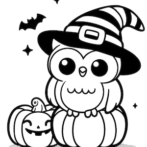 May include: A black and white illustration of a cute owl wearing a witch hat and sitting on a pumpkin. The owl has large eyes and a small beak. The pumpkin has a jack-o'-lantern face. There are stars and a bat in the background.