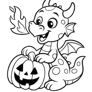 Pu&ograve; includere: Illustrazione a fumetti in bianco e nero di un simpatico drago che tiene in mano una zucca intagliata. Il drago ha macchie, ali e sputa fuoco. La zucca ha una faccia di Halloween.