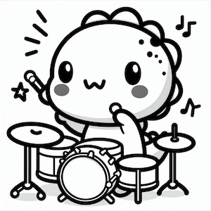 May include: A black and white cartoon illustration of a cute dinosaur playing the drums. The dinosaur is wearing a smile and has large eyes. The dinosaur is playing a drum set with a bass drum, two toms, and two cymbals.