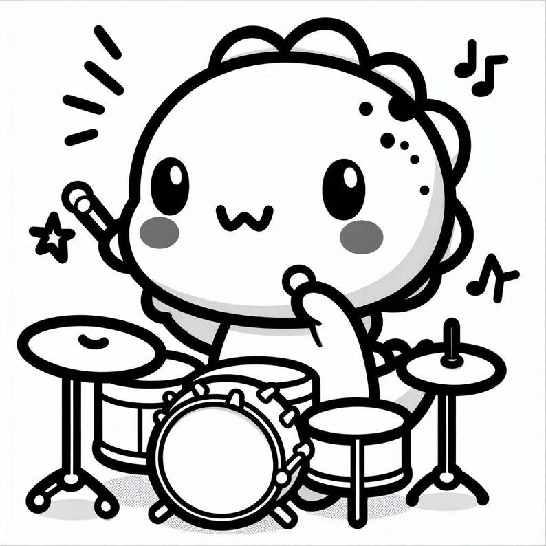 May include: A black and white cartoon illustration of a cute dinosaur playing the drums. The dinosaur is wearing a smile and has large eyes. The dinosaur is playing a drum set with a bass drum, two toms, and two cymbals.