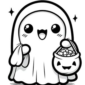 May include: A black and white cartoon illustration of a cute ghost holding a trick-or-treat bag filled with candy. The ghost is wearing a sheet and has a big smile on its face.