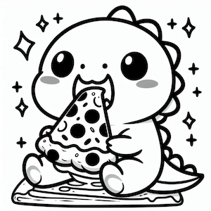 May include: A black and white cartoon illustration of a cute dinosaur eating a slice of pizza. The dinosaur has large eyes and a wide smile. The pizza is on a plate.