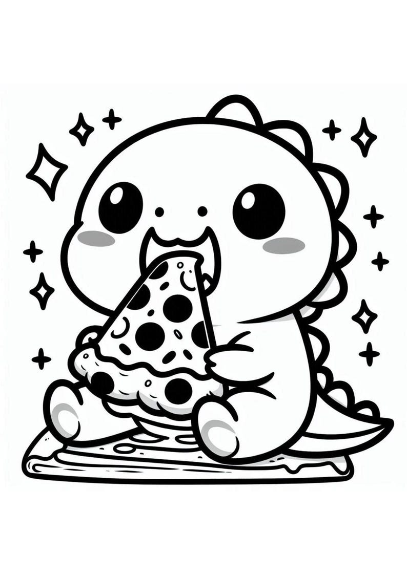 May include: A black and white cartoon illustration of a cute dinosaur eating a slice of pizza. The dinosaur has large eyes and a wide smile. The pizza is on a plate.