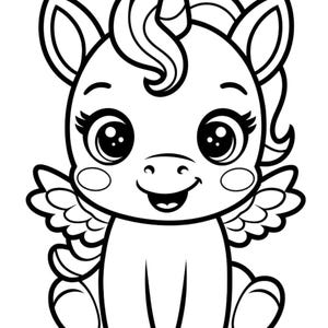 May include: A black and white line drawing of a cute cartoon unicorn with wings. The unicorn has a large horn, big eyes, and a happy expression.