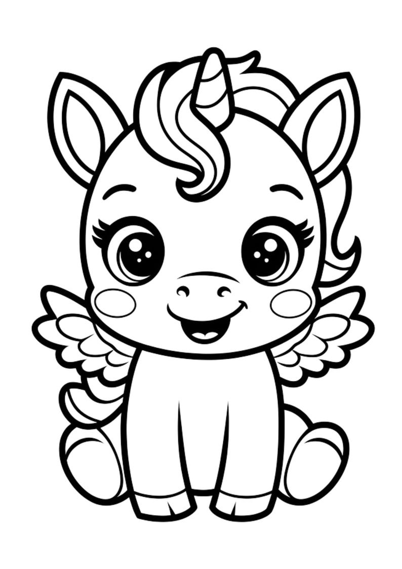 May include: A black and white line drawing of a cute cartoon unicorn with wings. The unicorn has a large horn, big eyes, and a happy expression.