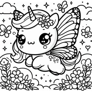 May include: A black and white line drawing of a cute unicorn with butterfly wings. The unicorn has a horn, a flower crown, and big eyes. The unicorn is surrounded by flowers and stars.
