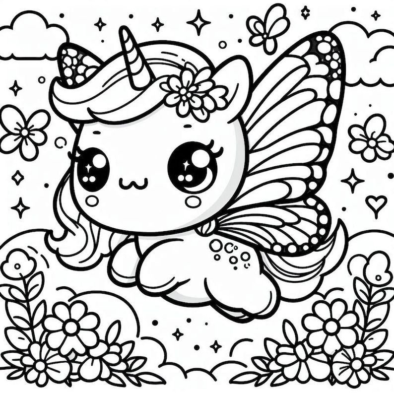 May include: A black and white line drawing of a cute unicorn with butterfly wings. The unicorn has a horn, a flower crown, and big eyes. The unicorn is surrounded by flowers and stars.