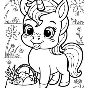 May include: A black and white line drawing of a cute unicorn carrying a basket of fruit. The unicorn has a horn, a mane, and a tail. The basket is full of apples, pears, and other fruits. The unicorn is surrounded by flowers and grass.