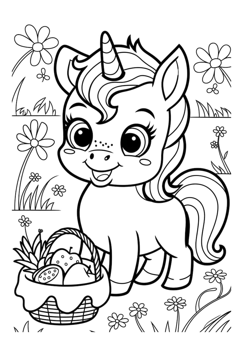 May include: A black and white line drawing of a cute unicorn carrying a basket of fruit. The unicorn has a horn, a mane, and a tail. The basket is full of apples, pears, and other fruits. The unicorn is surrounded by flowers and grass.