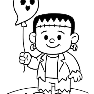 Pu&ograve; includere: Illustrazione a fumetti in bianco e nero di un personaggio di Frankenstein che tiene in mano un palloncino a forma di fantasma. Il personaggio ha delle cuciture sulla testa e indossa una giacca strappata. Due foglie sono a terra.