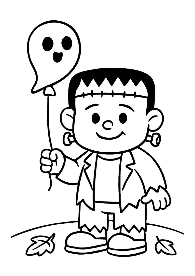 Pu&ograve; includere: Illustrazione a fumetti in bianco e nero di un personaggio di Frankenstein che tiene in mano un palloncino a forma di fantasma. Il personaggio ha delle cuciture sulla testa e indossa una giacca strappata. Due foglie sono a terra.