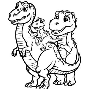 May include: Black and white cartoon illustration of three friendly dinosaurs. Two larger dinosaurs stand side-by-side, with a smaller dinosaur riding on the back of one. The dinosaurs have large eyes and smiling faces, creating a playful and cheerful image.