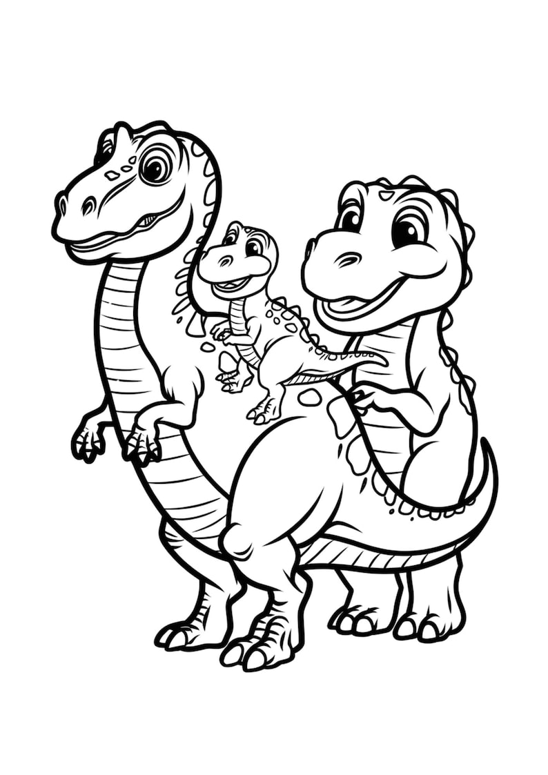 May include: Black and white cartoon illustration of three friendly dinosaurs. Two larger dinosaurs stand side-by-side, with a smaller dinosaur riding on the back of one. The dinosaurs have large eyes and smiling faces, creating a playful and cheerful image.